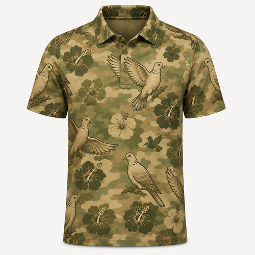 Tropical Camo Dove Polo Shirt – Olive Hibiscus Print VCP1044