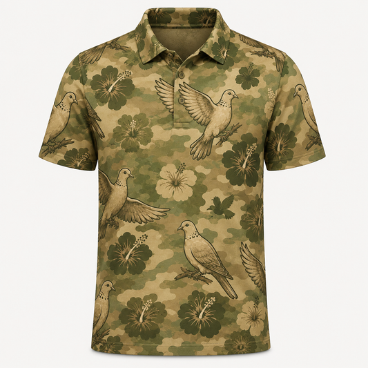 Tropical Camo Dove Polo Shirt – Olive Hibiscus Print VCP1044