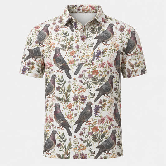 Dove Sprig Polo Shirt Cream Minimalist Print VCP1039