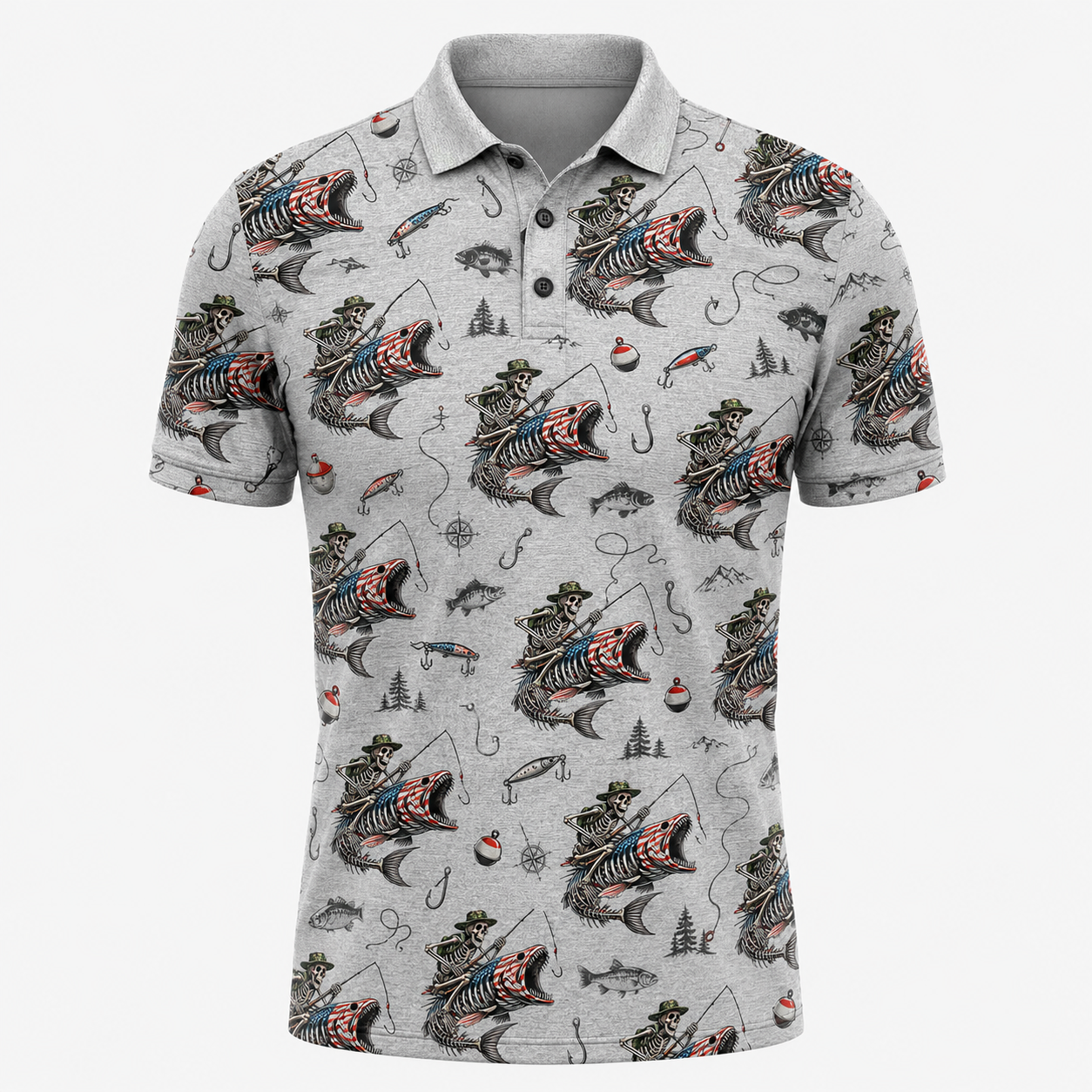 Skeleton Angler American Flag Fishing Polo Shirt VCP1029