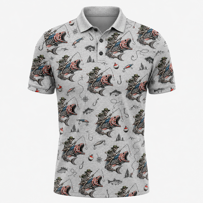 Skeleton Angler American Flag Fishing Polo Shirt VCP1029