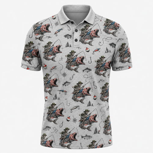Skeleton Angler American Flag Fishing Polo Shirt VCP1029