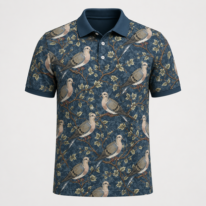Mourning Dove Toile  Navy Botanical Bird Polo Shirt VCP1026