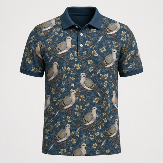 Mourning Dove Toile  Navy Botanical Bird Polo Shirt VCP1026