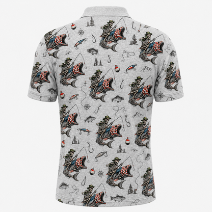 Skeleton Angler American Flag Fishing Polo Shirt VCP1029