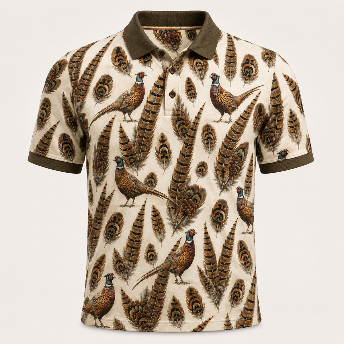Cream Upland Bird Pheasant & Feather Polo Shirt VCP1025