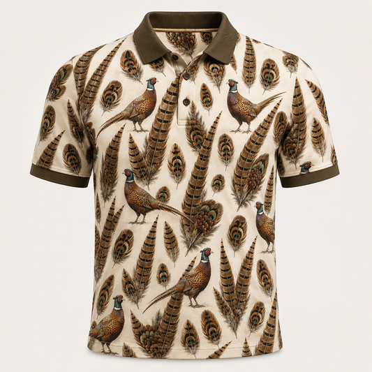 Cream Upland Bird Pheasant & Feather Polo Shirt VCP1025