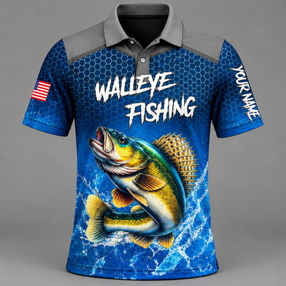 Blue Camo Walleye Fishing Tournament Team Name Polo Shirt VC271003