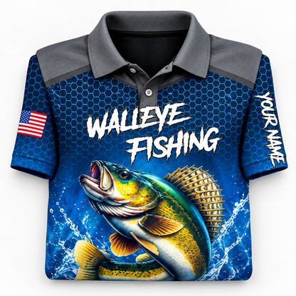 Blue Camo Walleye Fishing Tournament Team Name Polo Shirt VC271003