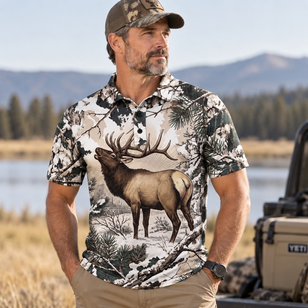 Elk Hunting Camouflage Men's Polo Shirt VCE1010