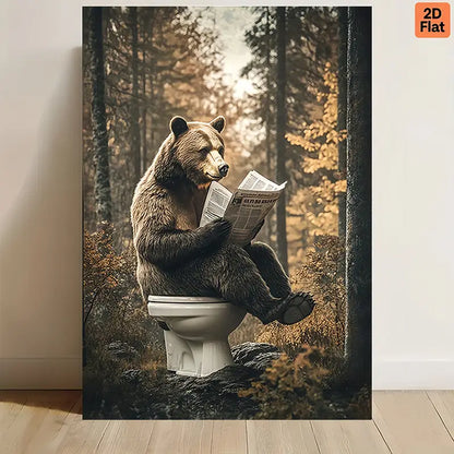 Bear Reading Newspaper Toilet Framed Canvas