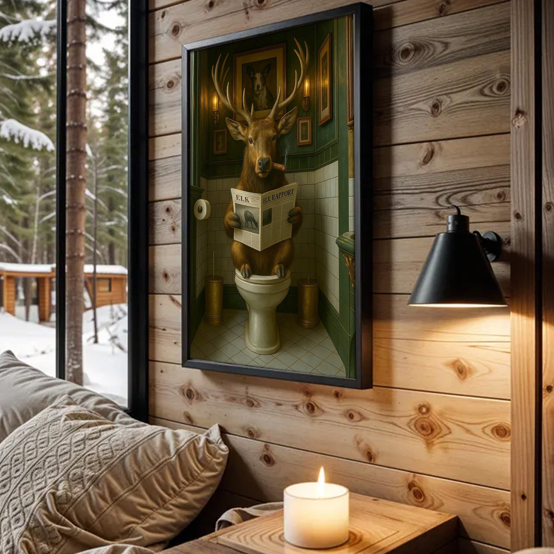 Funny Elk Bathroom Canvas – Smoking-Smoking Deer Reading Newspaper on Toilet