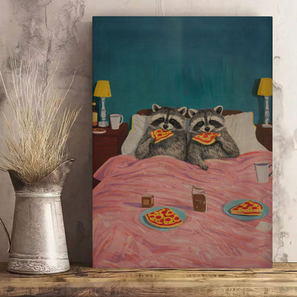 Funny Raccoon Couple Eating Pizza in Bed | Cozy Wall Art