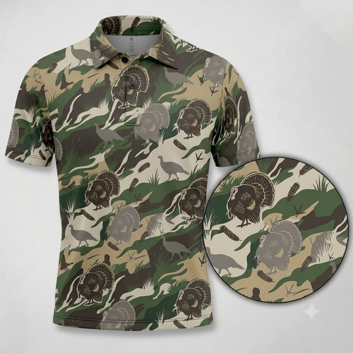Outdoor Turkey Hunting Camo Print Graphic Polo Shirt