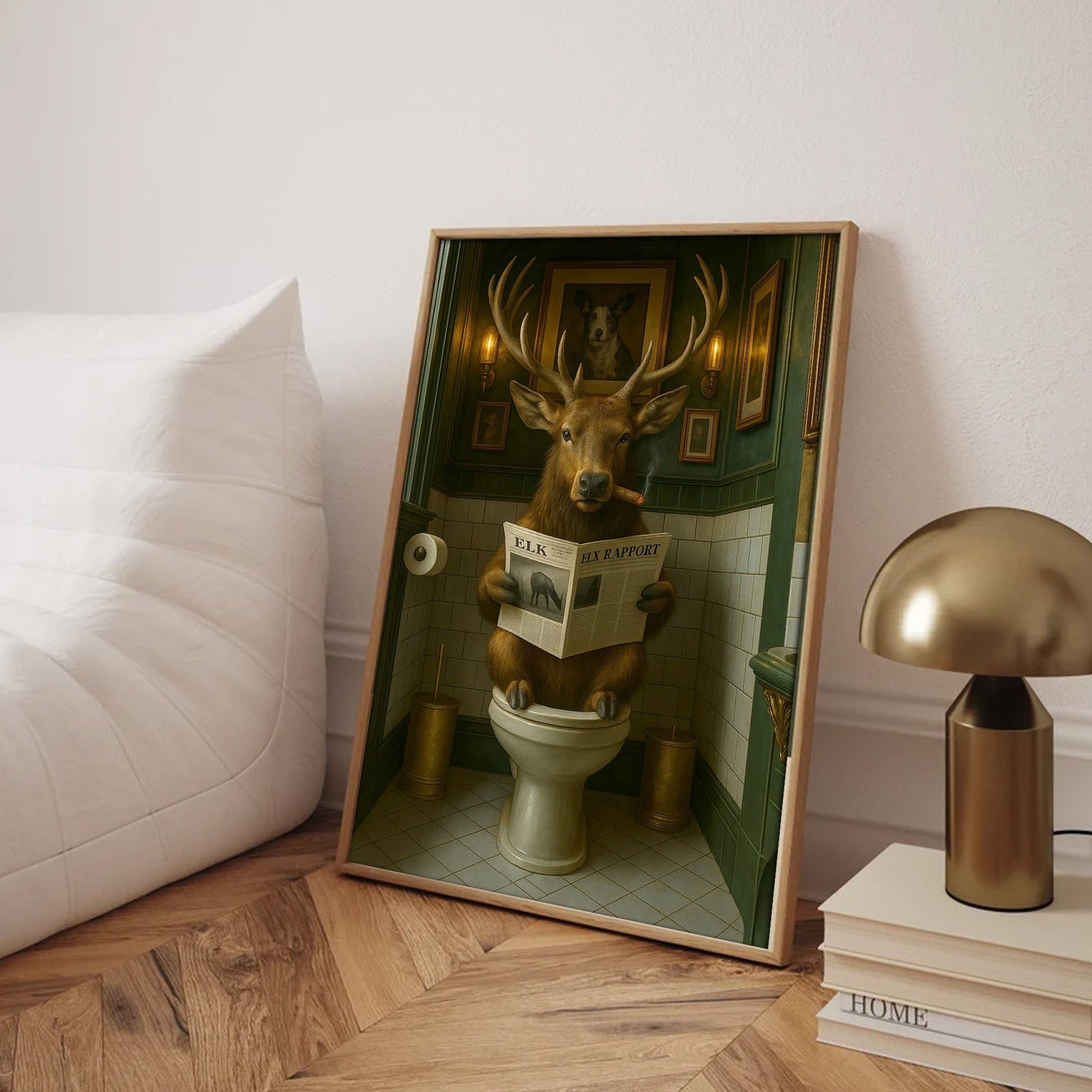 Funny Elk Bathroom Canvas – Smoking-Smoking Deer Reading Newspaper on Toilet