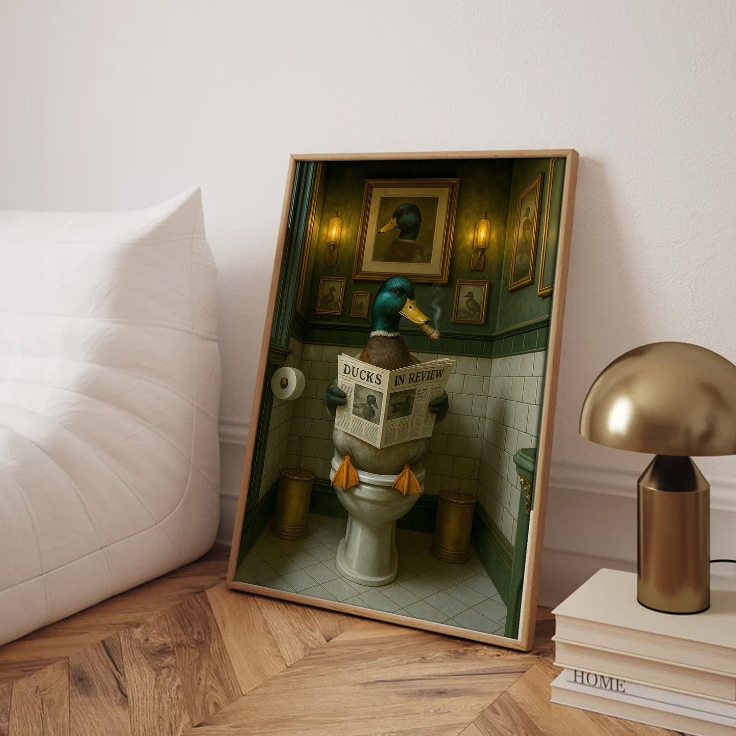 Mallard Duck Toilet Scene Poster Canvas – Smoking-Smoking Duck Reading ‘Ducks in Review’