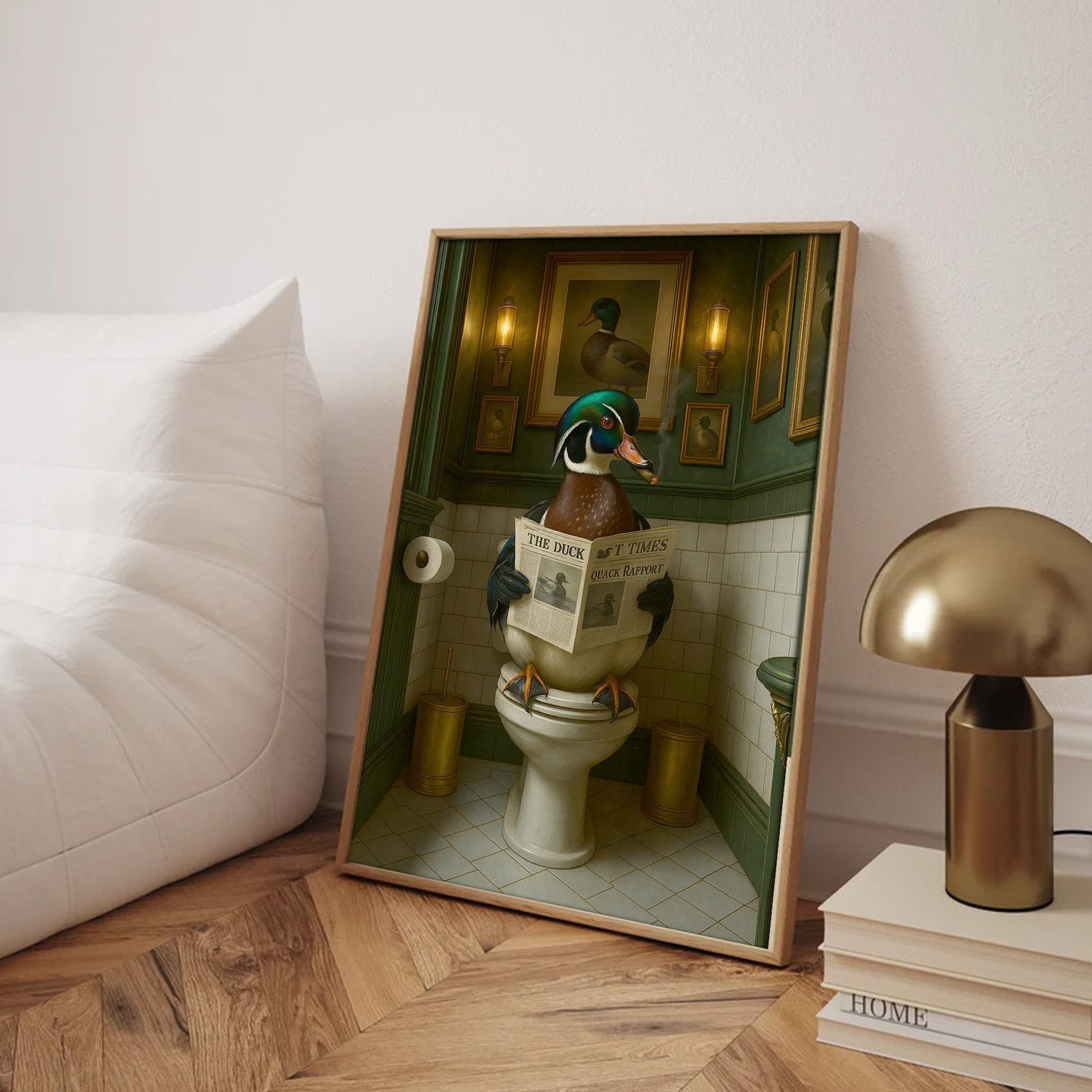 Rustic Duck Bathroom Wall Art Canvas – Wood Duck Reading Newspaper - Lodge Humor Print