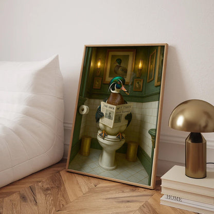 Rustic Duck Bathroom Wall Art Canvas – Wood Duck Reading Newspaper - Lodge Humor Print