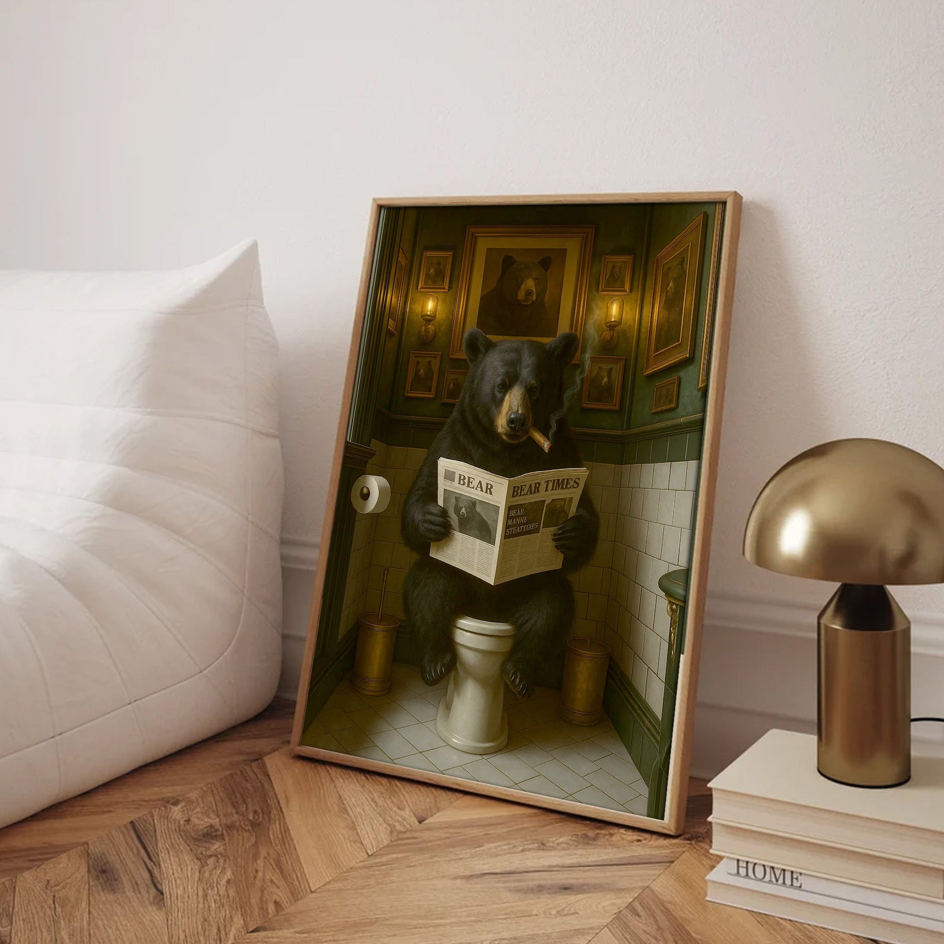 Funny Bear Hunting Bathroom Canvas – Black Bear On Toilet Reading Newspaper