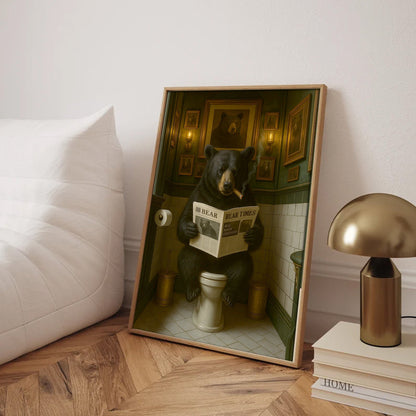 Funny Bear Hunting Bathroom Canvas – Black Bear On Toilet Reading Newspaper