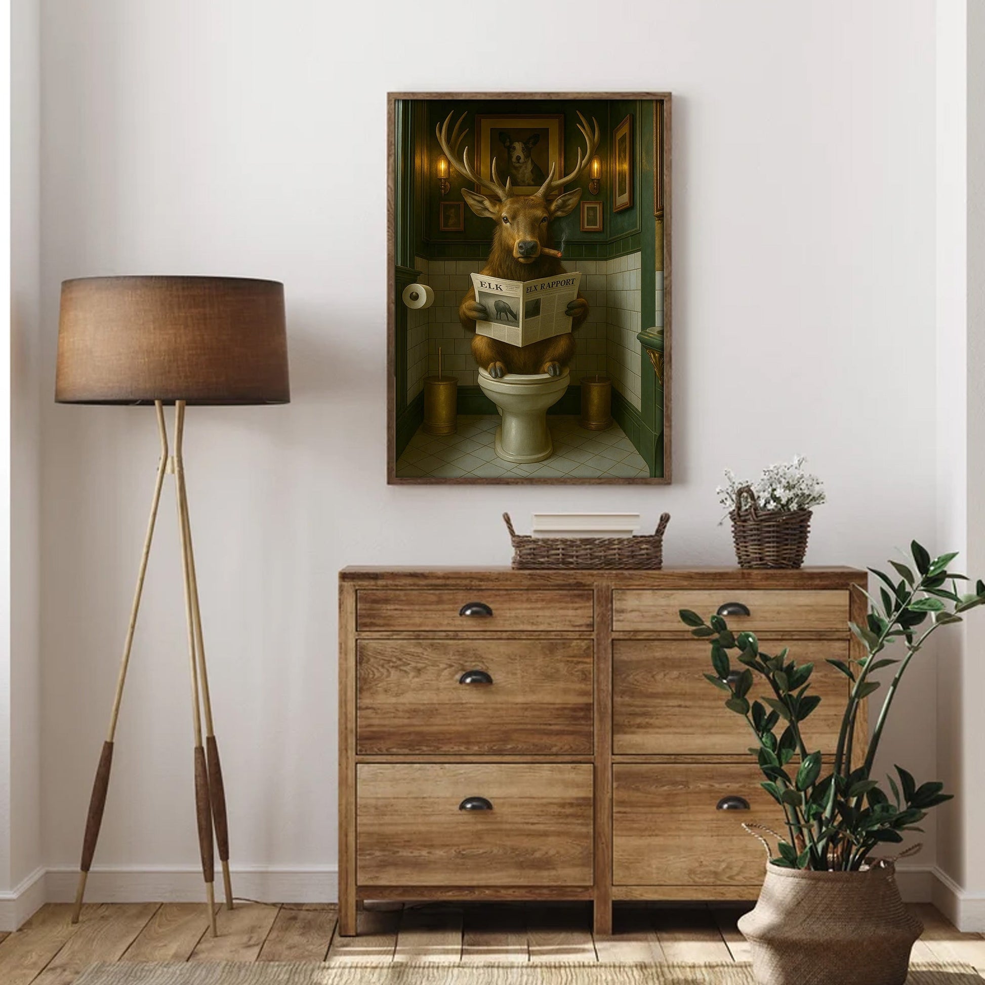 Funny Elk Bathroom Canvas – Smoking-Smoking Deer Reading Newspaper on Toilet