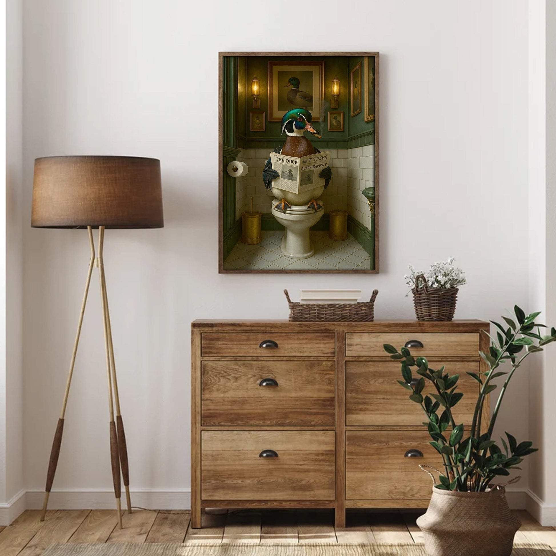 Rustic Duck Bathroom Wall Art Canvas – Wood Duck Reading Newspaper - Lodge Humor Print