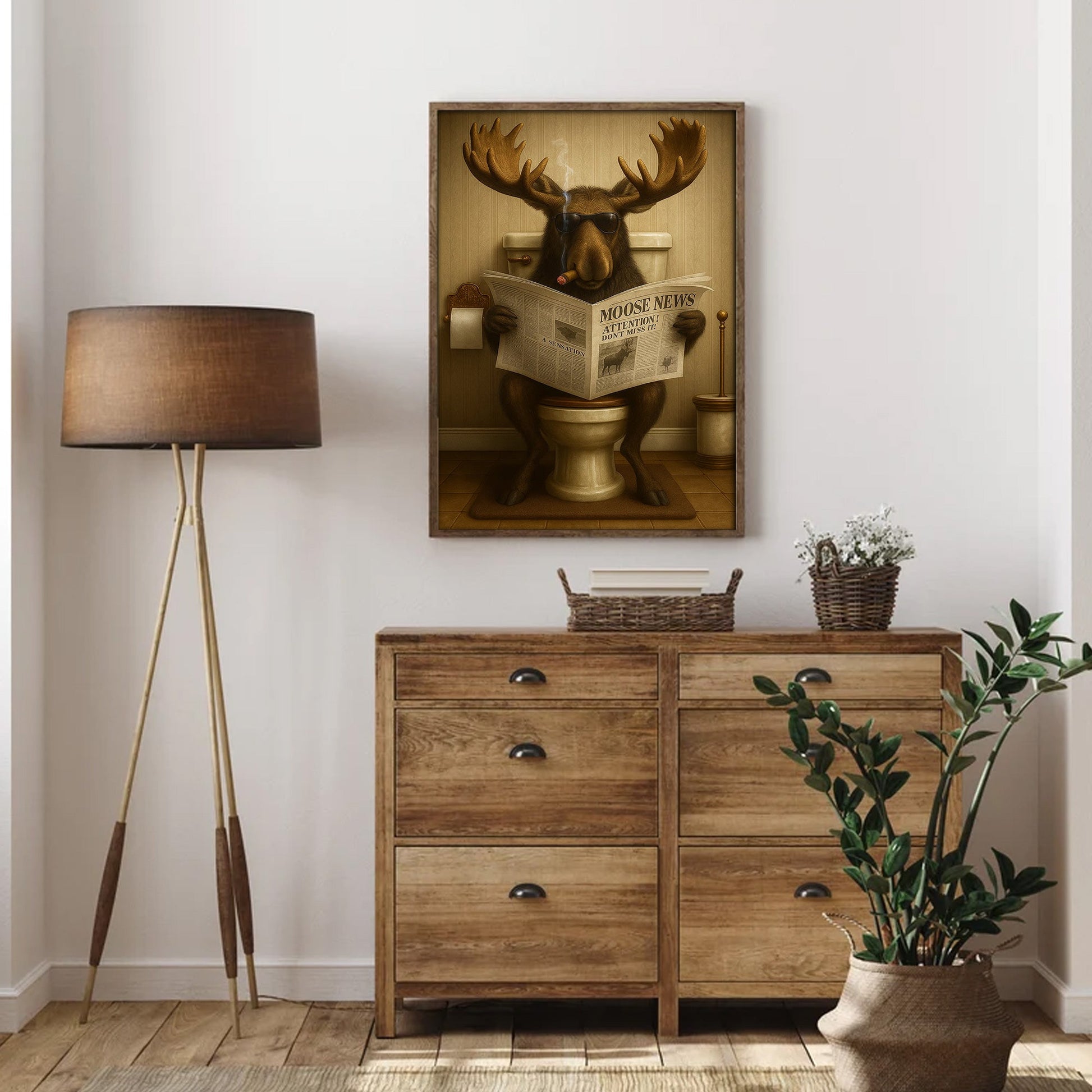 Funny Elk Hunting Lodge Moose Bathroom Canvas Wall Art – Wildlife Animal Poster - Unique Gift for Hunters