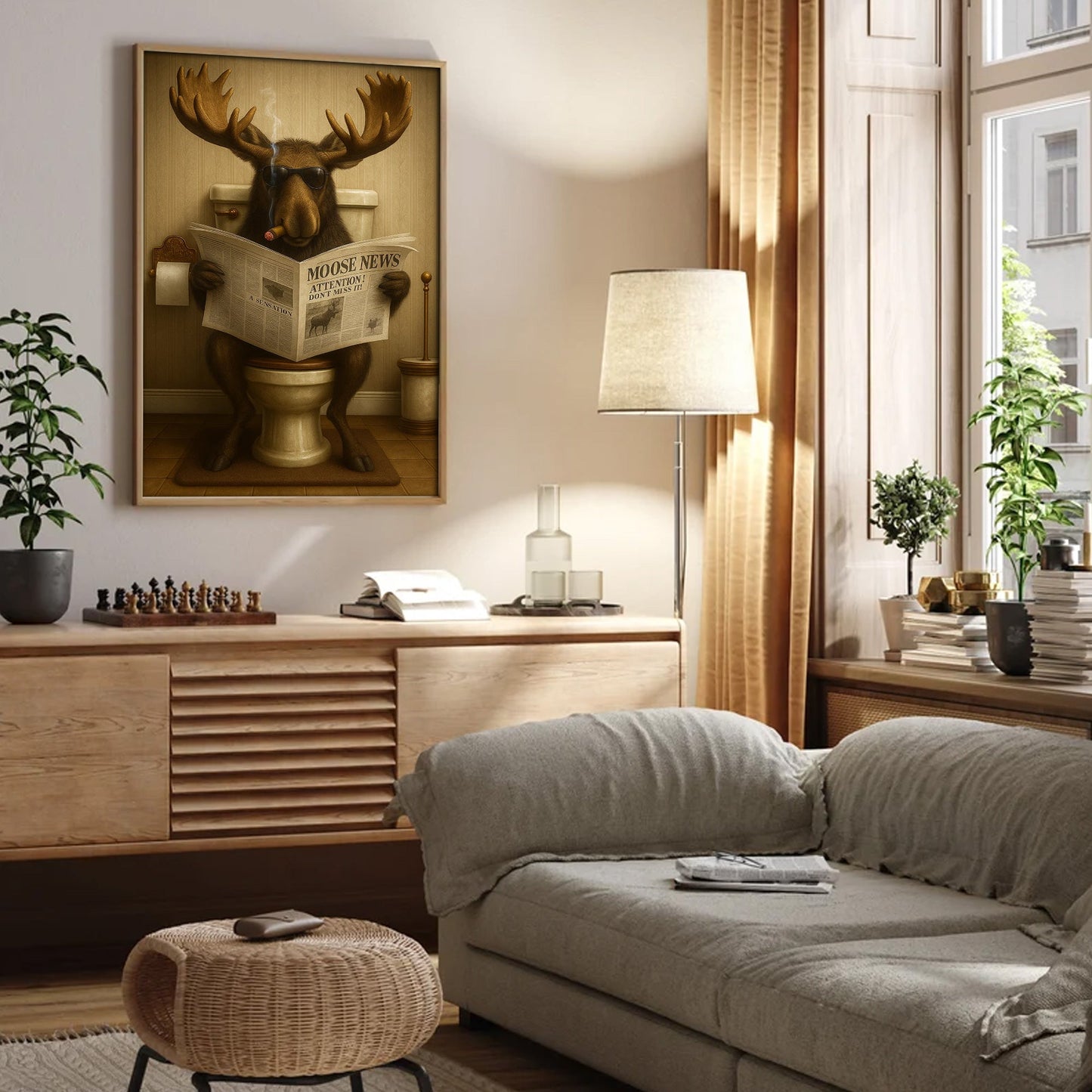 Funny Elk Hunting Lodge Moose Bathroom Canvas Wall Art – Wildlife Animal Poster - Unique Gift for Hunters