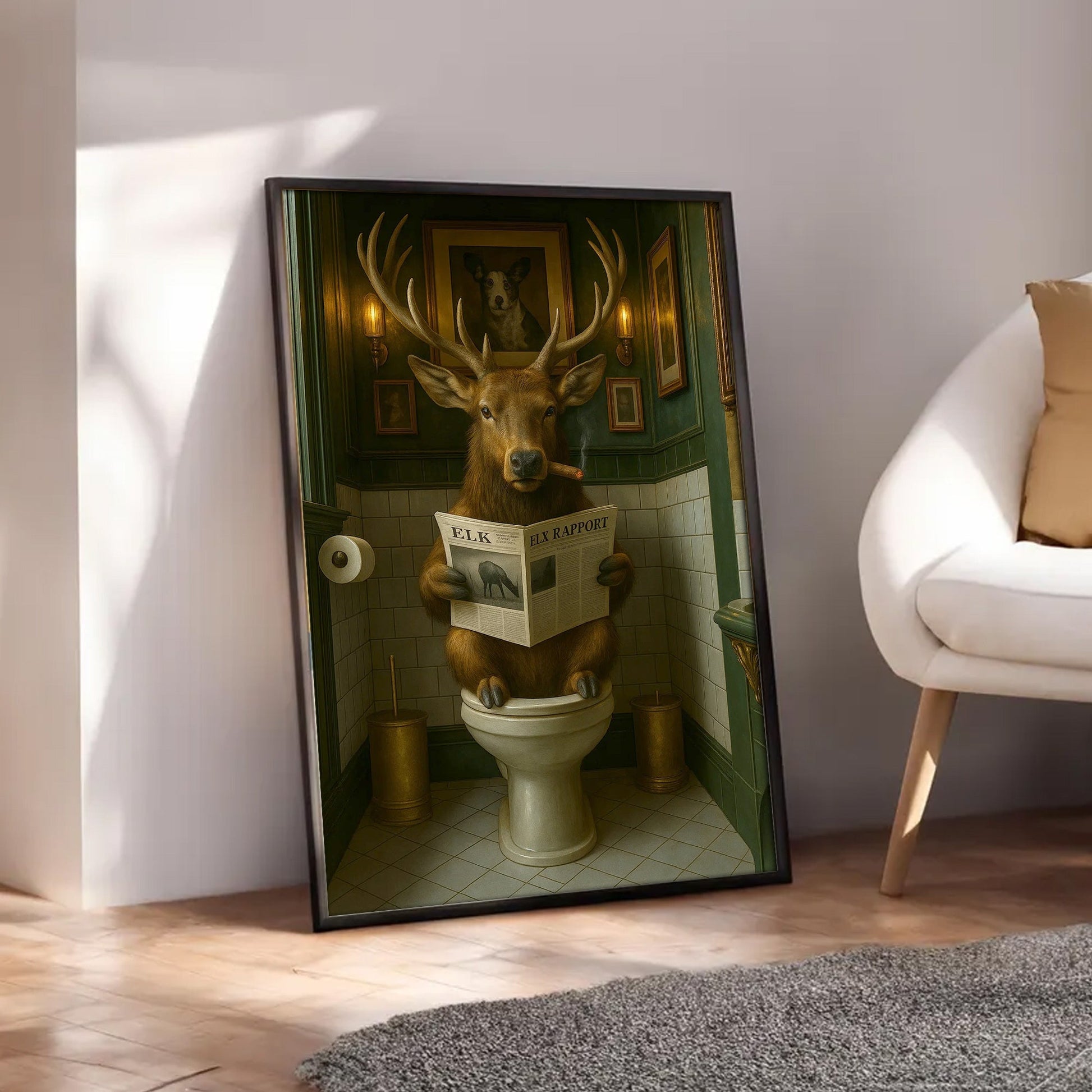 Funny Elk Bathroom Canvas – Smoking-Smoking Deer Reading Newspaper on Toilet