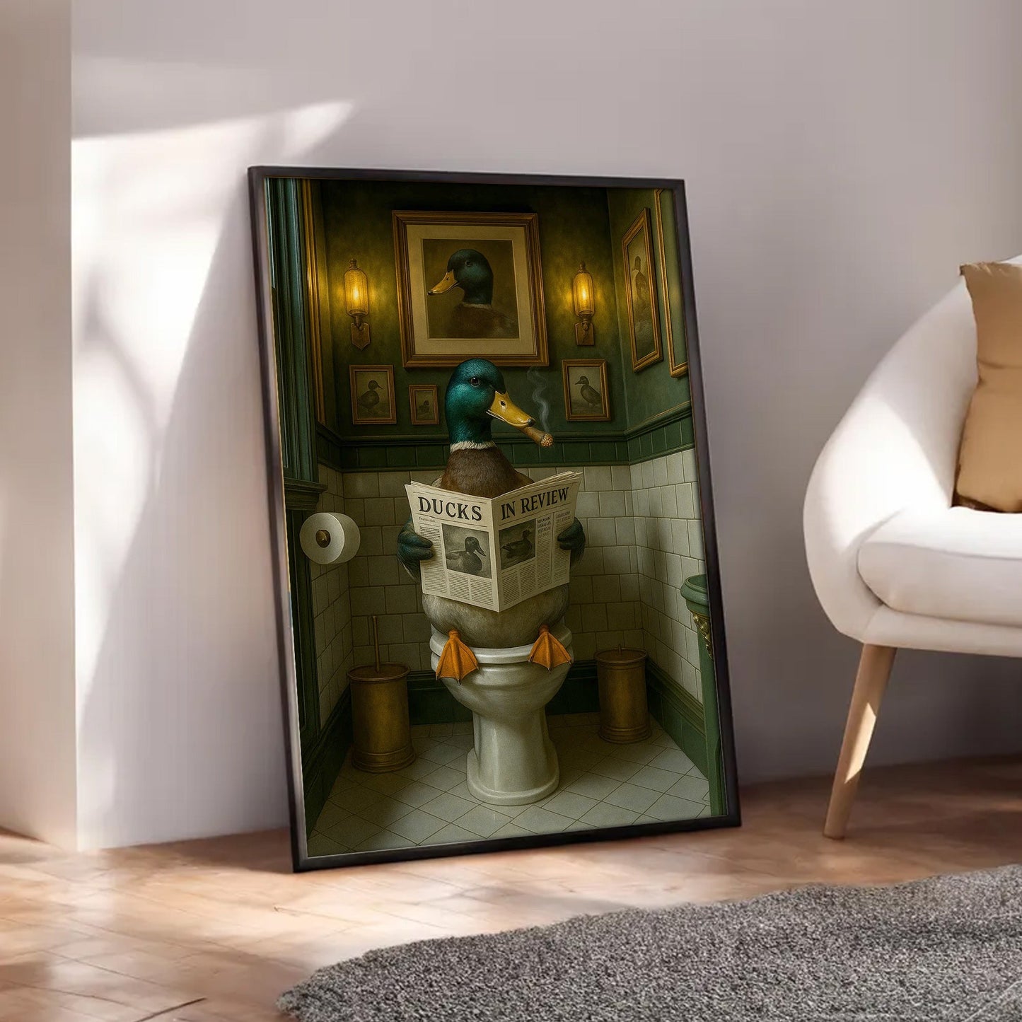 Mallard Duck Toilet Scene Poster Canvas – Smoking-Smoking Duck Reading ‘Ducks in Review’