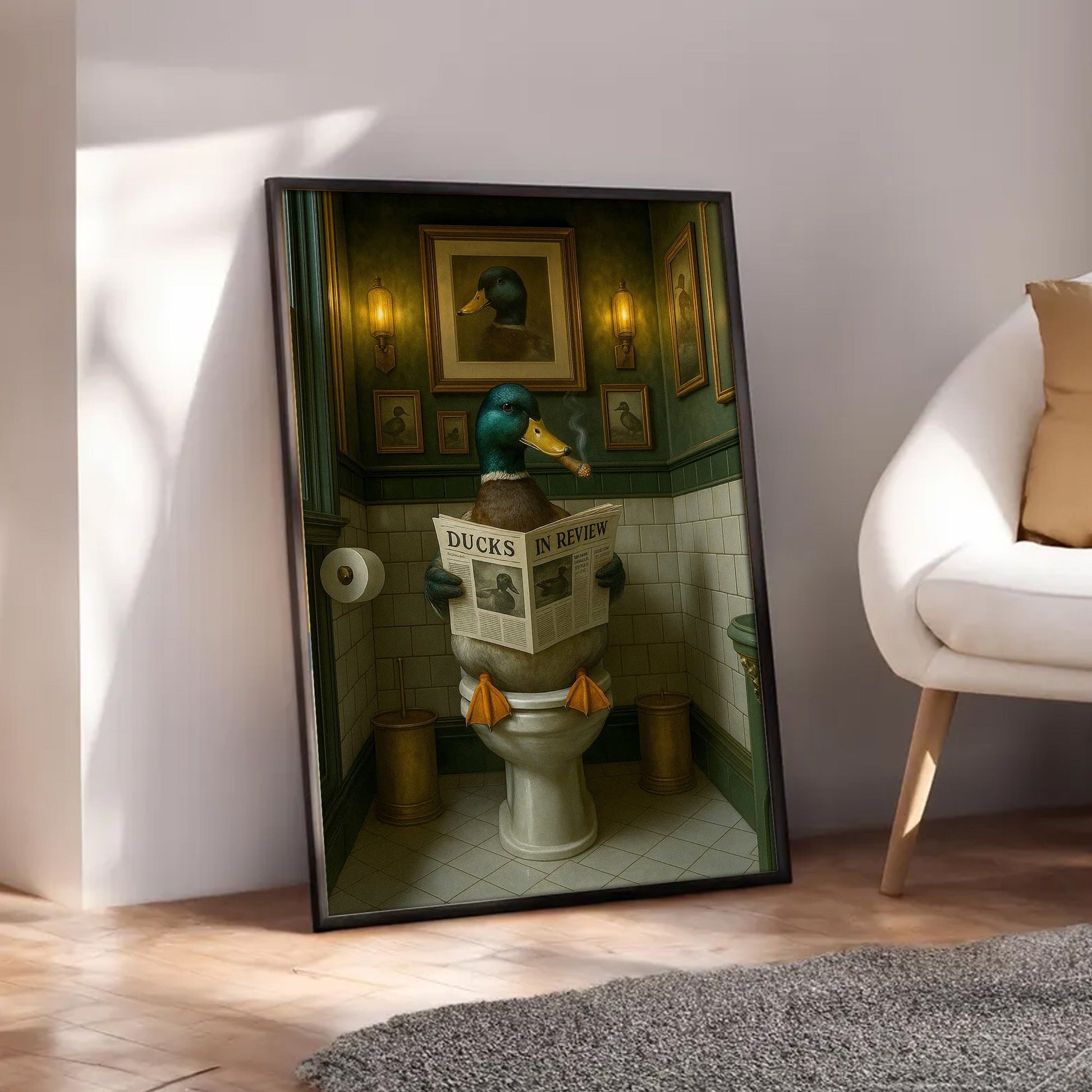 Mallard Duck Toilet Scene Poster Canvas – Smoking-Smoking Duck Reading ‘Ducks in Review’