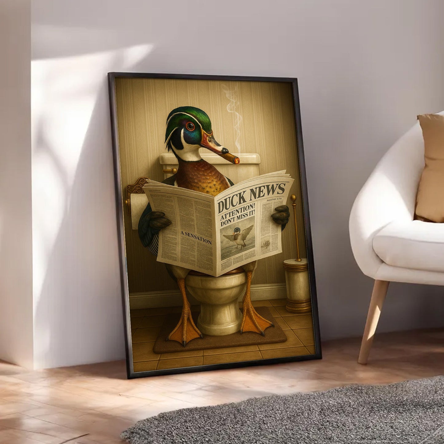 Funny Wood Duck Read Newspaper Bathroom Canvas – Hunting Wildlife Animal Canvas