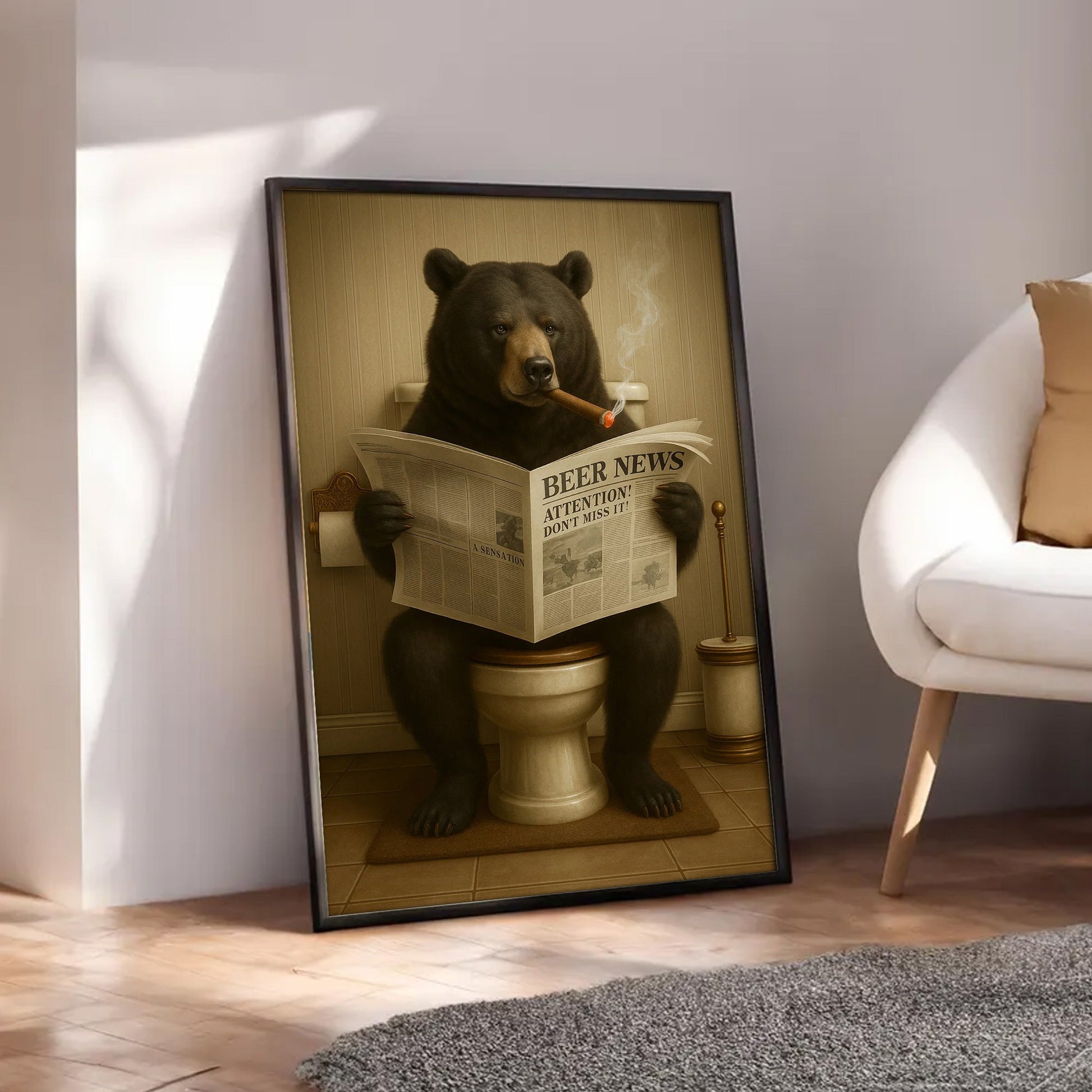 Funny Bear Newspaper Bathroom Canvas Wall Art – Wildlife Animal Poster - Unique Gift for Hunters