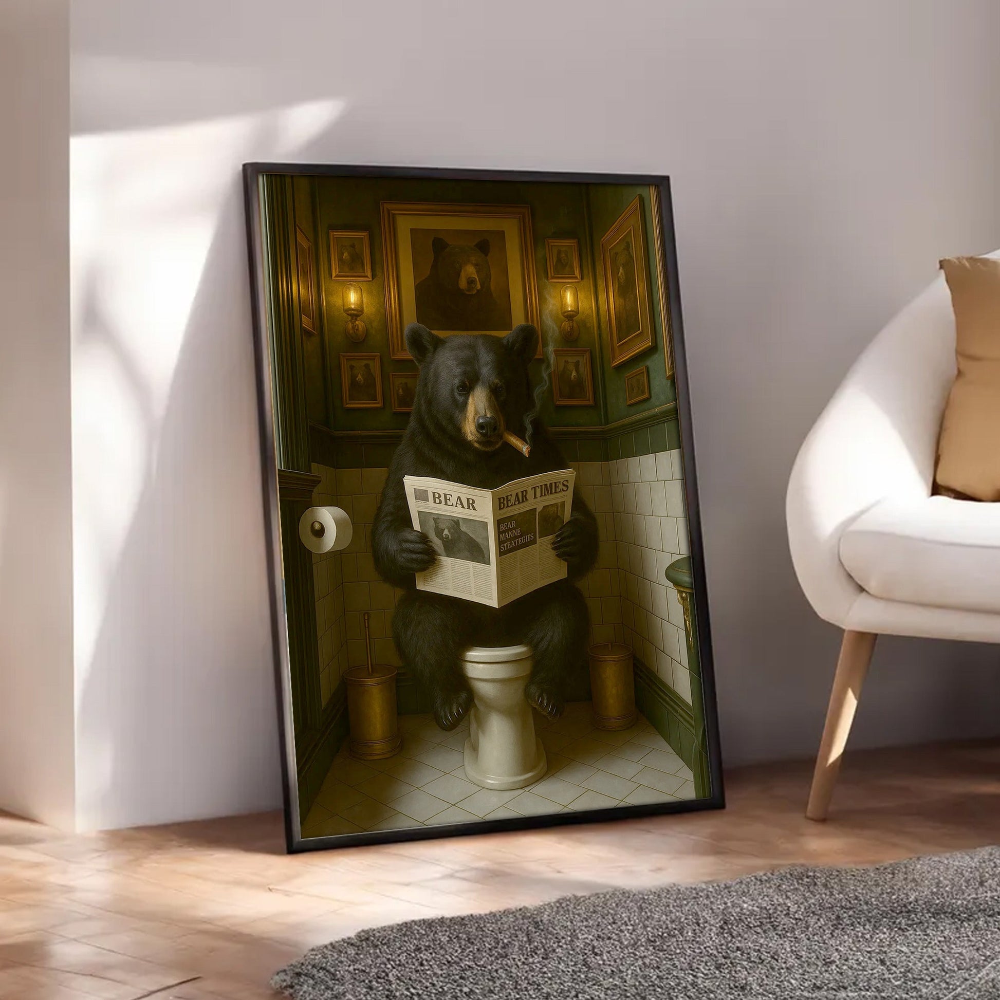 Funny Bear Hunting Bathroom Canvas – Black Bear On Toilet Reading Newspaper