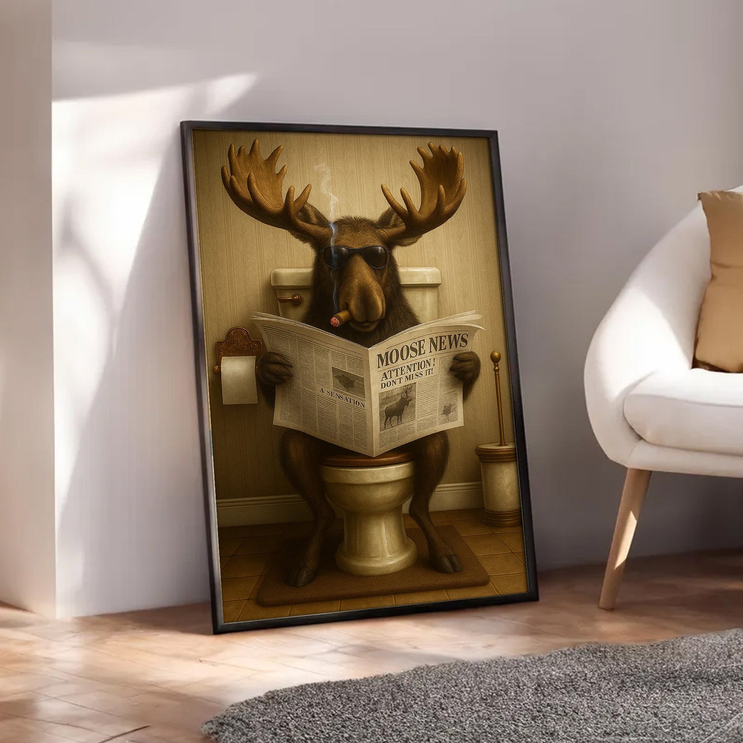 Funny Elk Hunting Lodge Moose Bathroom Canvas Wall Art – Wildlife Animal Poster - Unique Gift for Hunters