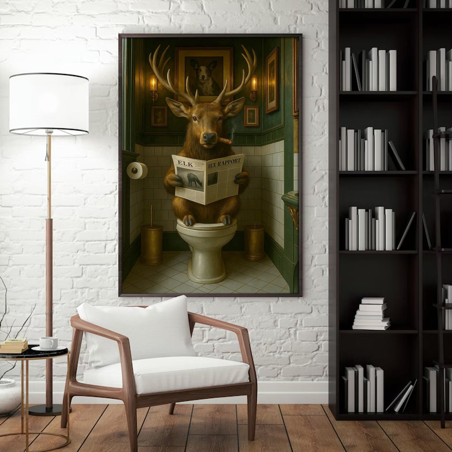 Funny Elk Bathroom Canvas – Smoking-Smoking Deer Reading Newspaper on Toilet