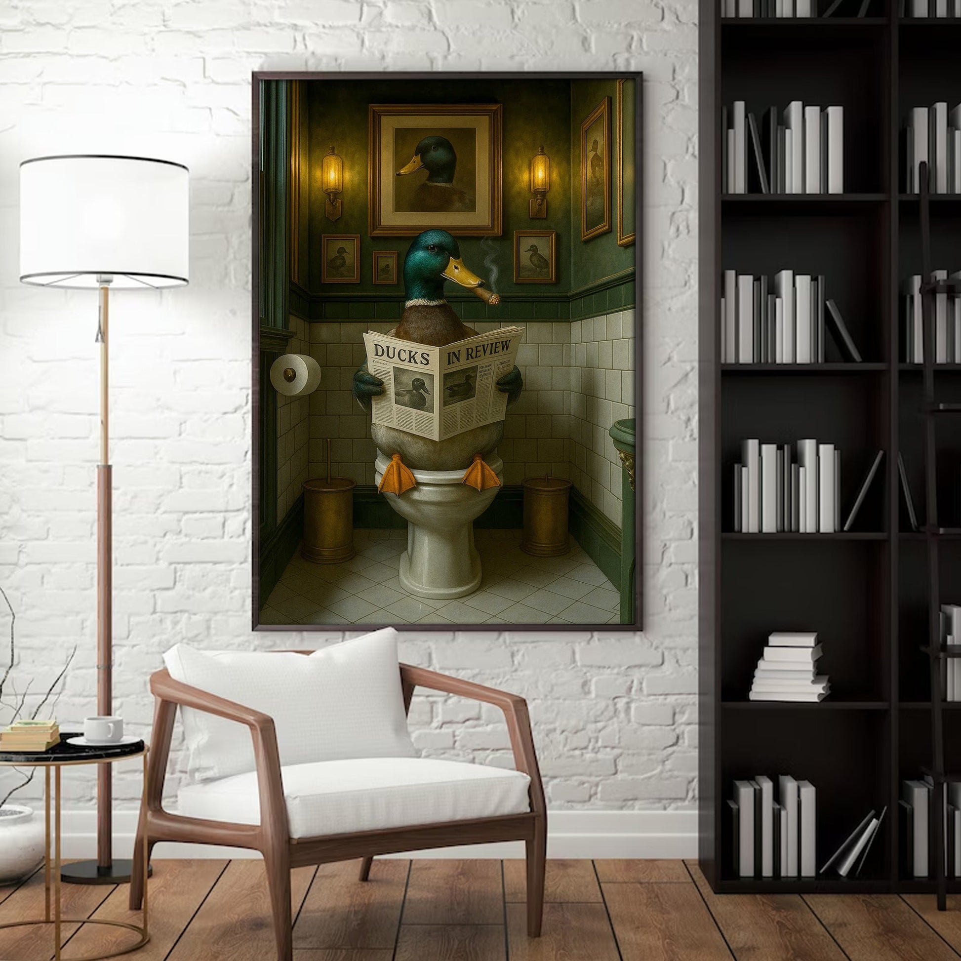 Mallard Duck Toilet Scene Poster Canvas – Smoking-Smoking Duck Reading ‘Ducks in Review’