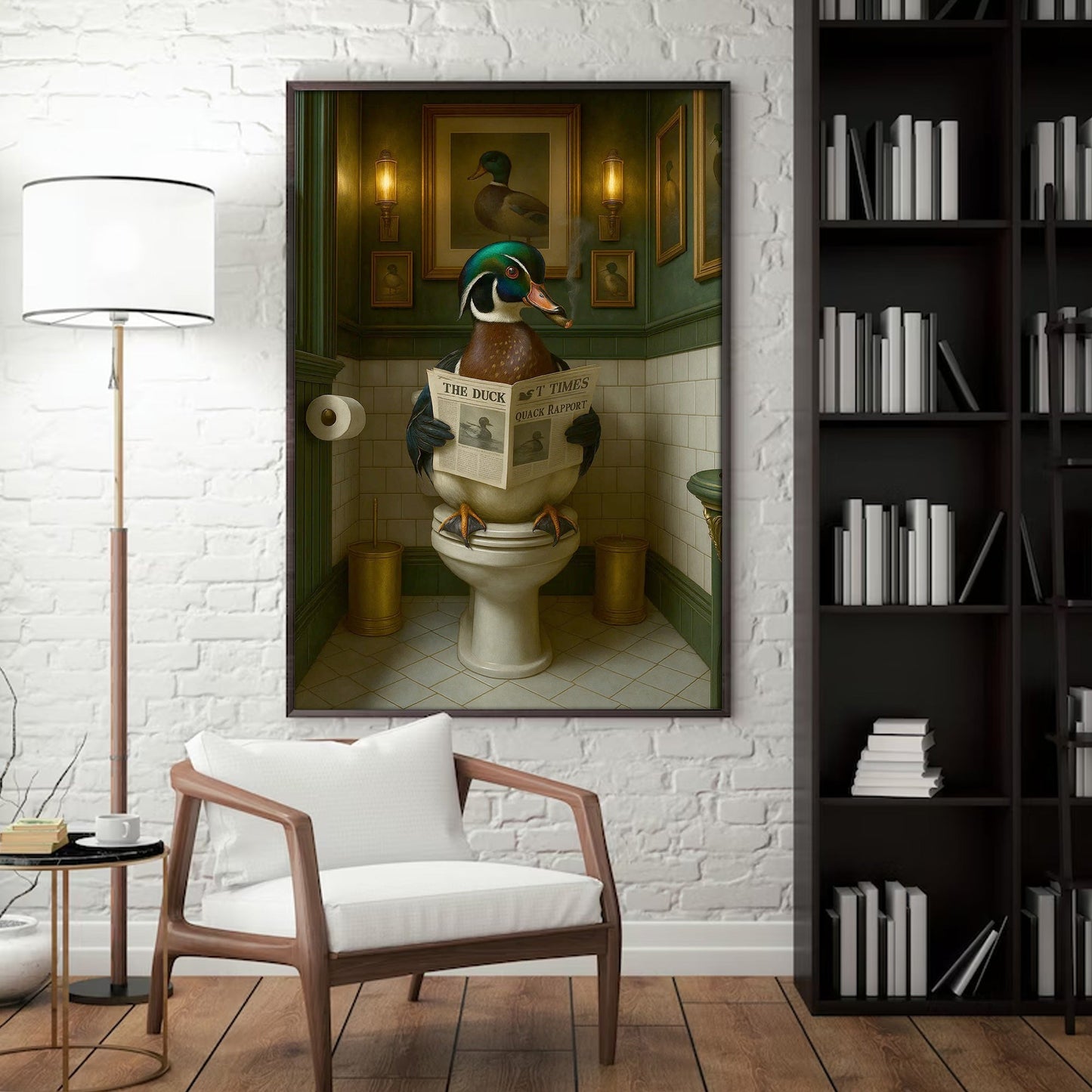Rustic Duck Bathroom Wall Art Canvas – Wood Duck Reading Newspaper - Lodge Humor Print
