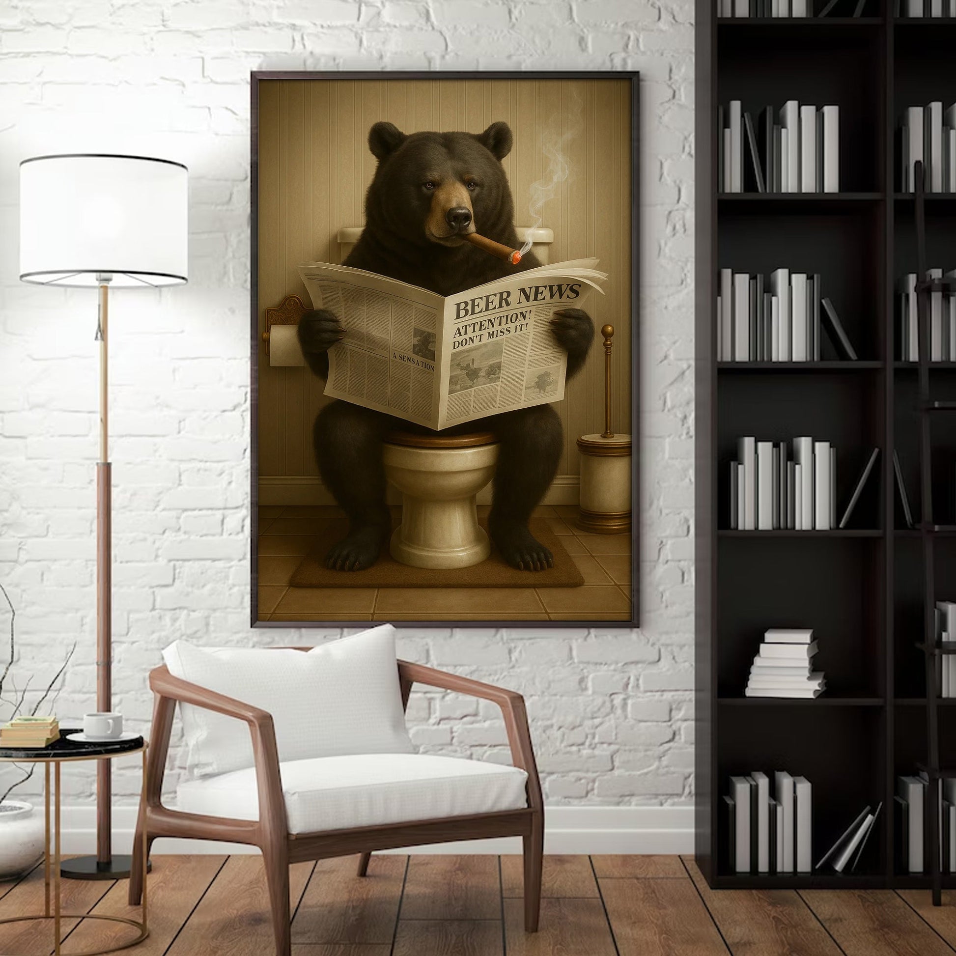 Funny Bear Newspaper Bathroom Canvas Wall Art – Wildlife Animal Poster - Unique Gift for Hunters