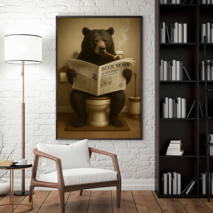 Funny Bear Newspaper Bathroom Canvas Wall Art – Wildlife Animal Poster - Unique Gift for Hunters