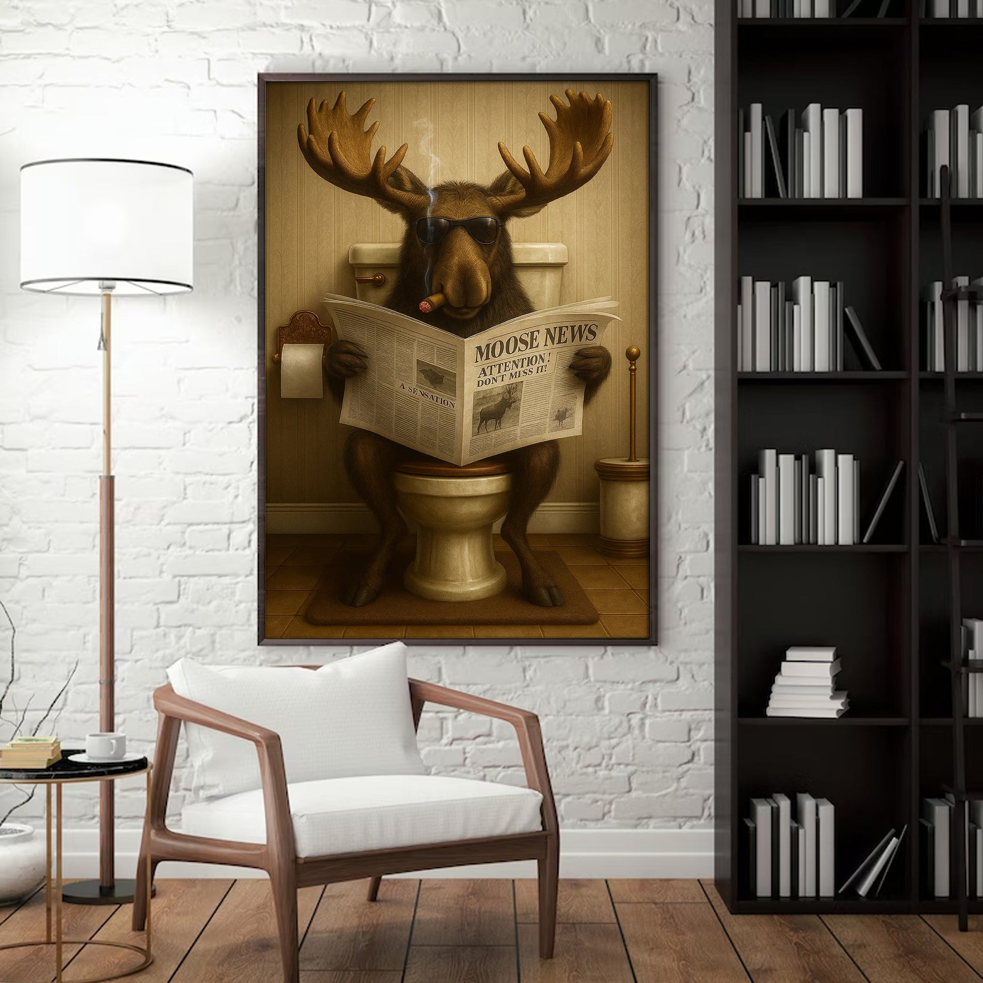 Funny Elk Hunting Lodge Moose Bathroom Canvas Wall Art – Wildlife Animal Poster - Unique Gift for Hunters