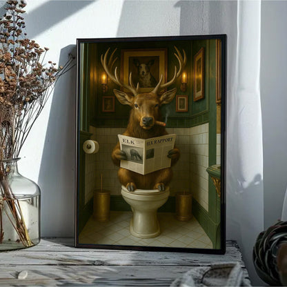 Funny Elk Bathroom Canvas – Smoking-Smoking Deer Reading Newspaper on Toilet