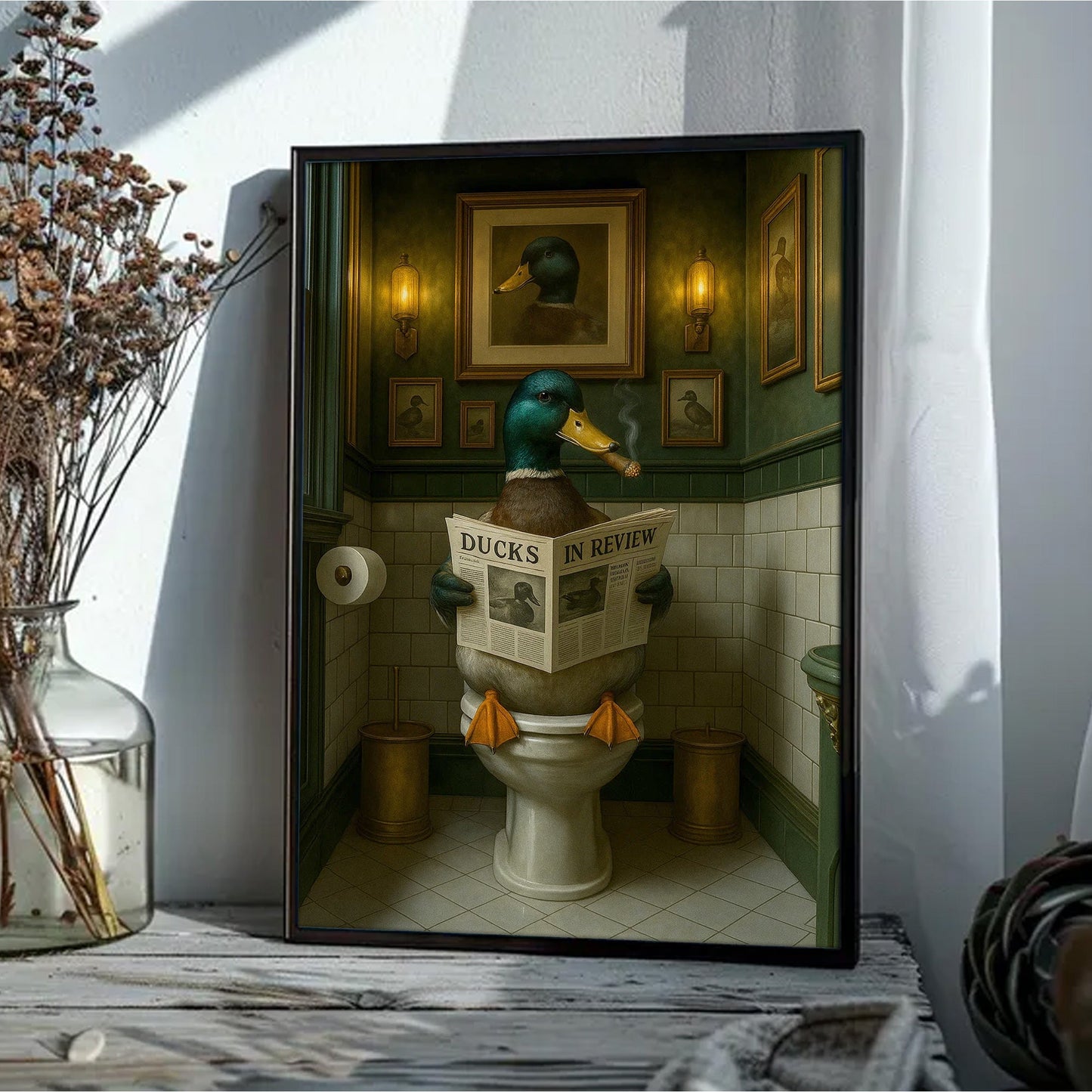 Mallard Duck Toilet Scene Poster Canvas – Smoking-Smoking Duck Reading ‘Ducks in Review’