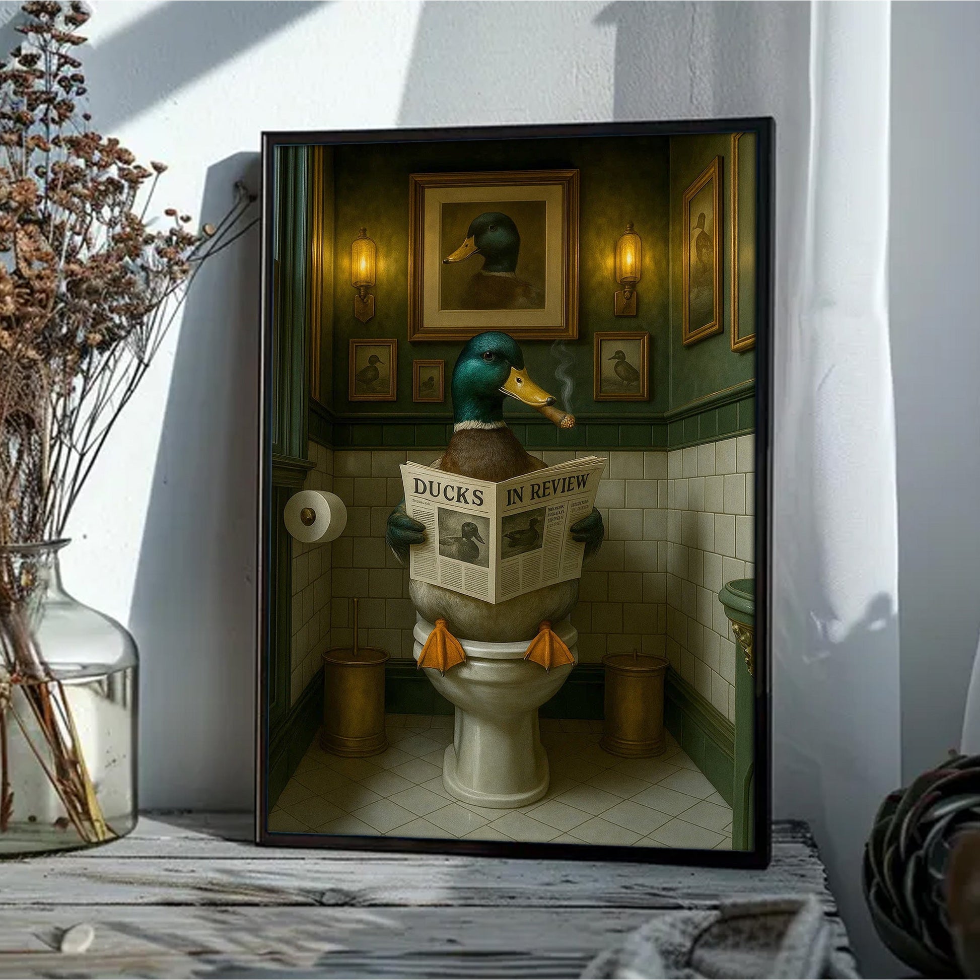 Mallard Duck Toilet Scene Poster Canvas – Smoking-Smoking Duck Reading ‘Ducks in Review’