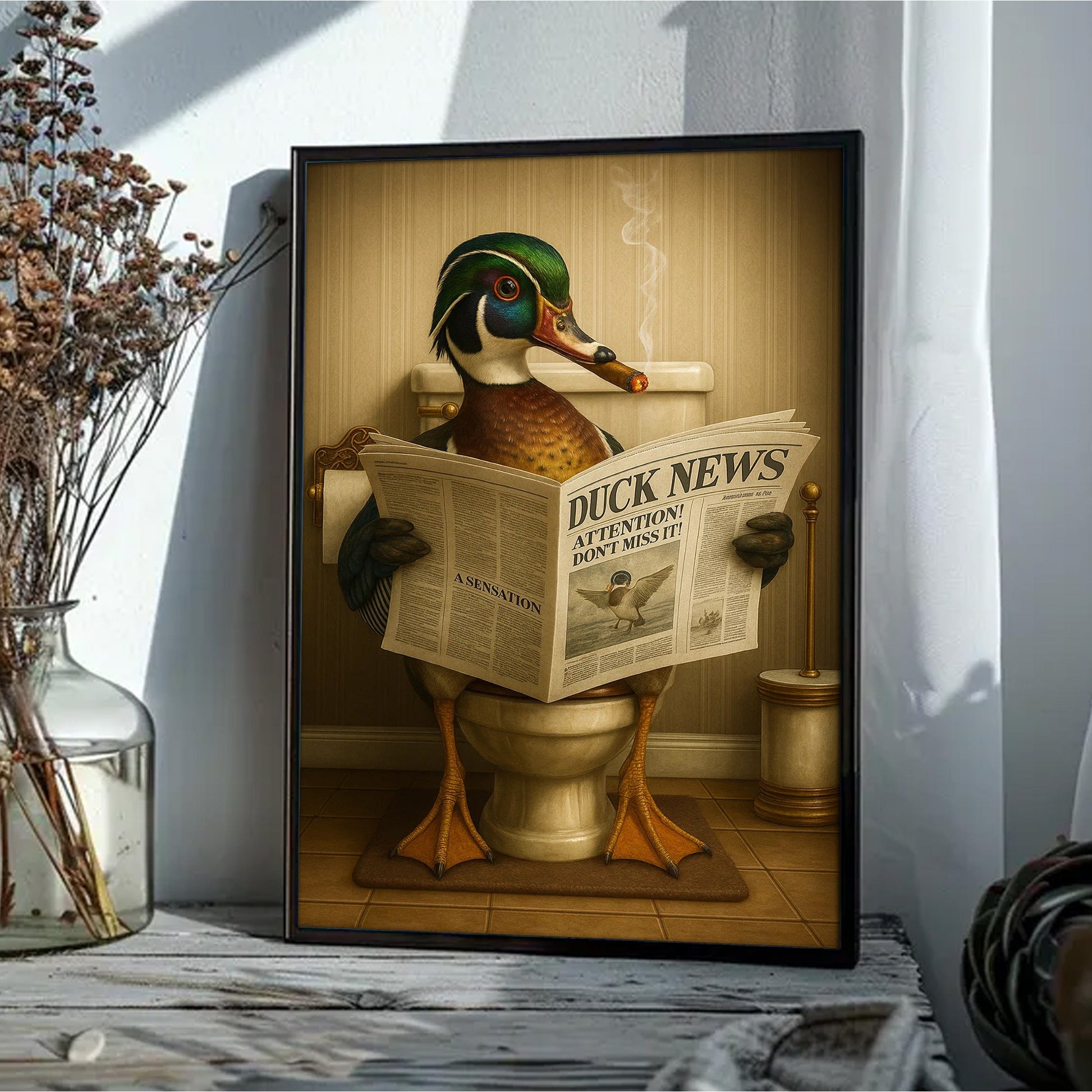 Funny Wood Duck Read Newspaper Bathroom Canvas – Hunting Wildlife Animal Canvas