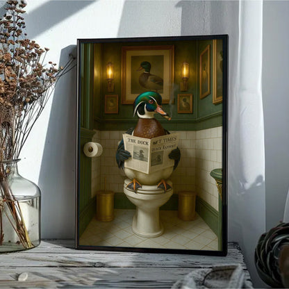 Rustic Duck Bathroom Wall Art Canvas – Wood Duck Reading Newspaper - Lodge Humor Print