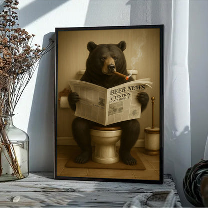 Funny Bear Newspaper Bathroom Canvas Wall Art – Wildlife Animal Poster - Unique Gift for Hunters