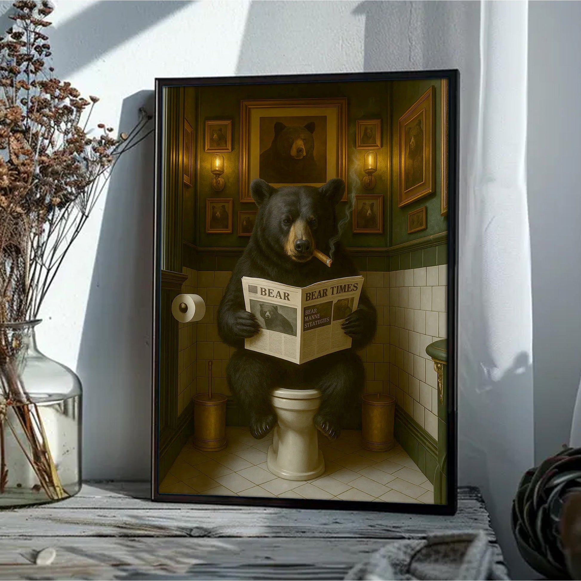 Funny Bear Hunting Bathroom Canvas – Black Bear On Toilet Reading Newspaper