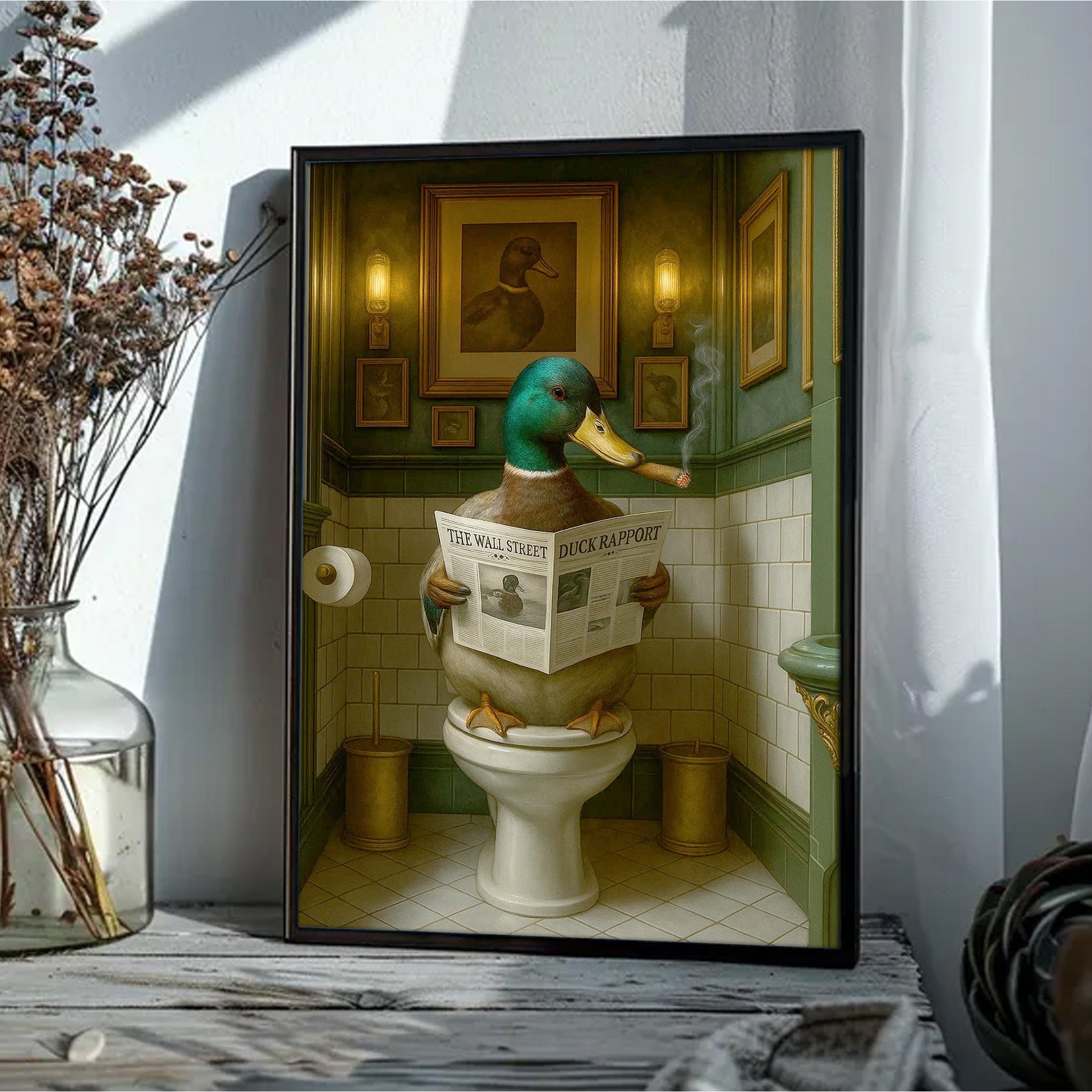 Duck Reading News Bathroom Wall Art – Rustic Decor for Men, Hunting Cabin Poster Hunters