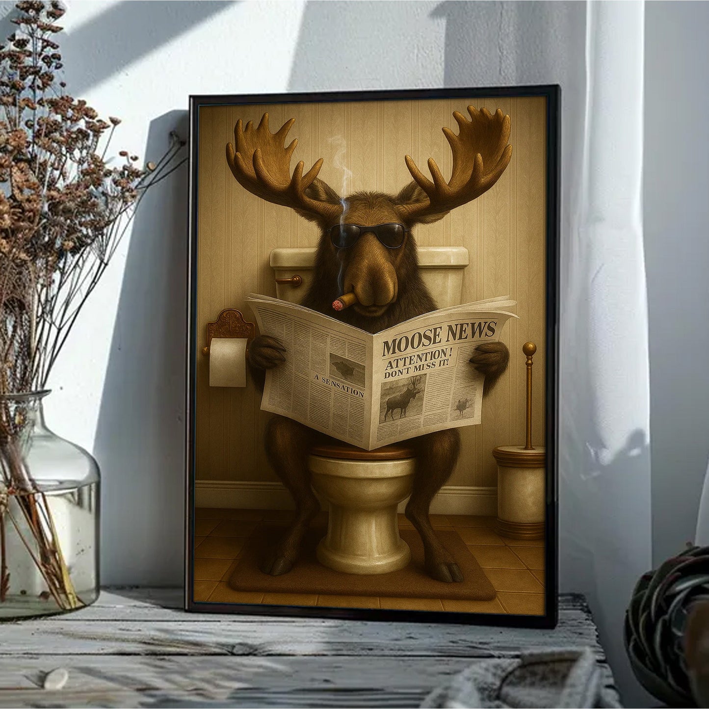 Funny Elk Hunting Lodge Moose Bathroom Canvas Wall Art – Wildlife Animal Poster - Unique Gift for Hunters